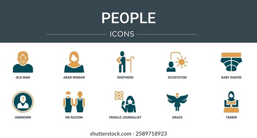 set of 10 outline web people icons such as old man, arab woman, shepherd, ecosystem, baby diaper, unknown, no racism vector icons for report, presentation, diagram, web design, mobile app