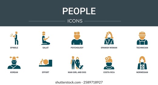 set of 10 outline web people icons such as spindle, salat, psychology, spanish woman, technician, korean, effort vector icons for report, presentation, diagram, web design, mobile app