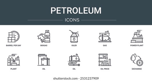 set of 10 outline web petroleum icons such as barrel per day, biogas, oiler, gas, power plant, plant, oil vector icons for report, presentation, diagram, web design, mobile app