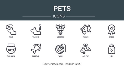 set of 10 outline web pets icons such as train, vaccine, lobster, treats, badge, fish bowl, goldfish vector icons for report, presentation, diagram, web design, mobile app