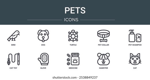 set of 10 outline web pets icons such as bird, dog, turtle, pet collar, pet shampoo, cat toy, glove vector icons for report, presentation, diagram, web design, mobile app