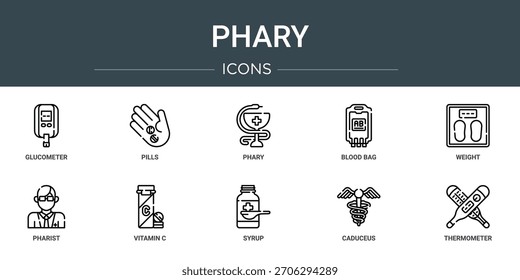conjunto de 10 delinear web phary ícones, tais como glucosímetro, pílulas, phary, saco de sangue, peso, farista, vitamina c ícones de vetor, sinal e símbolos