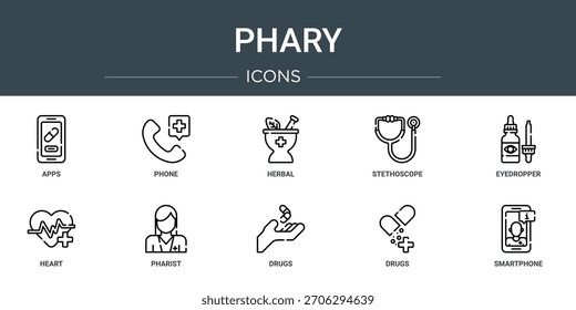 Conjunto de 10 iconos de Web de contorno Phary como App, teléfono, hierbas, estetoscopio, cuentagotas, corazón, iconos de vectores de faristas, signos y símbolos