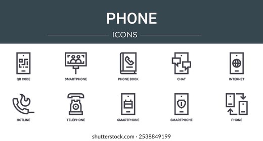 set of 10 outline web phone icons such as qr code, smartphone, phone book, chat, internet, hotline, telephone vector icons for report, presentation, diagram, web design, mobile app