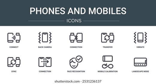 set of 10 outline web phones and mobiles icons such as connect, back camera, connection, transfer, vibrate, sync, connection vector icons for report, presentation, diagram, web design, mobile app