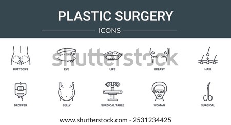 set of 10 outline web plastic surgery icons such as buttocks, eye, lips, breast, hair, dropper, belly vector icons for report, presentation, diagram, web design, mobile app