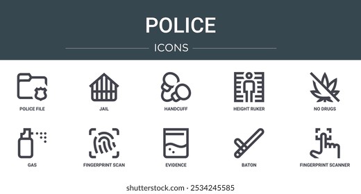 set of 10 outline web police icons such as police file, jail, handcuff, height ruker, no drugs, gas, fingerprint scan vector icons for report, presentation, diagram, web design, mobile app