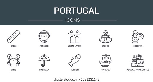set of 10 outline web portugal icons such as bread, forcado, aguas livres, anchor, rooster, crab, umbrella vector icons for report, presentation, diagram, web design, mobile app