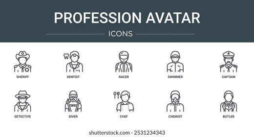 Conjunto de 10 iconos de avatar de profesión de Web de contorno como sheriff, dentista, corredor, nadador, capitán, detective, iconos de vector de buceo para informe, presentación, diagrama, Diseño web, App móvil