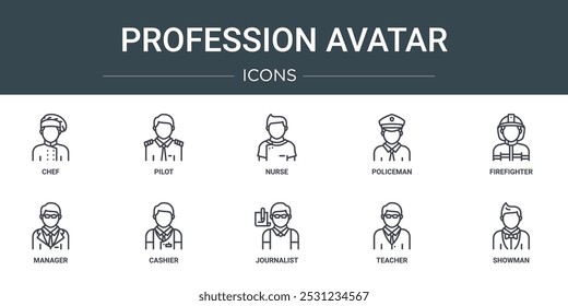 conjunto de 10 ícones de avatar da profissão web de esboço como chef, piloto, enfermeiro, policial, bombeiro, gerente, ícones de vetor de caixa para relatório, apresentação, diagrama, web design, aplicativo móvel