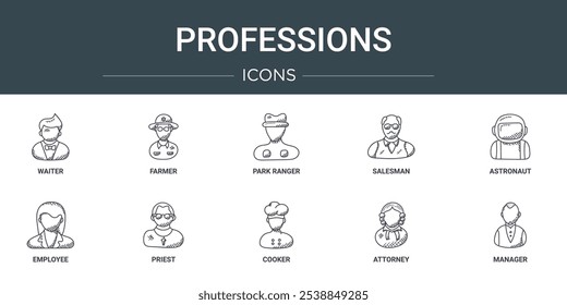 conjunto de 10 delinear web professions ícones como garçom, agricultor, guarda-florestal, vendedor, astronauta, funcionário, sacerdote ícones vetoriais para relatório, apresentação, diagrama, web design, aplicativo móvel