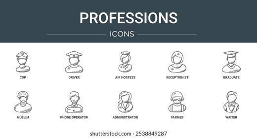 conjunto de 10 delinear web professions ícones como policial, driver, air hostess, recepcionista, pós-graduação, muçulmano, operador de telefone vetor ícones para relatório, apresentação, diagrama, web design, aplicativo móvel