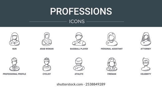 conjunto de 10 delinear web professions ícones como freira, mulher árabe, jogador de beisebol, assistente pessoal, advogado, perfil profissional, cíclico vetores ícones para relatório, apresentação, diagrama, web