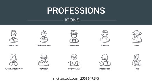 conjunto de 10 delinear web professions ícones como mágico, construtor, mágico, cirurgião, mergulhador, assistente de voo, professor ícones vetoriais para relatório, apresentação, diagrama, web design, aplicativo móvel