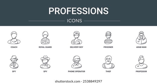 set of 10 outline web professions icons such as coach, royal guard, delivery boy, prisoner, arab man, spy, spy vector icons for report, presentation, diagram, web design, mobile app