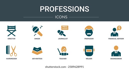 set of 10 outline web professions icons such as director, singer, journalist, professor, financial advisor, hairdresser, air hostess vector icons for report, presentation, diagram, web design,