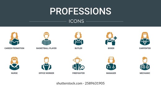 set of 10 outline web professions icons such as career promotion, basketball player, butler, boxer, carpenter, nurse, office worker vector icons for report, presentation, diagram, web design, mobile