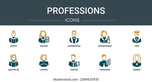 set of 10 outline web professions icons such as driver, builder, hairdresser, businessman, chef, graphic de, lawyer vector icons for report, presentation, diagram, web design, mobile app