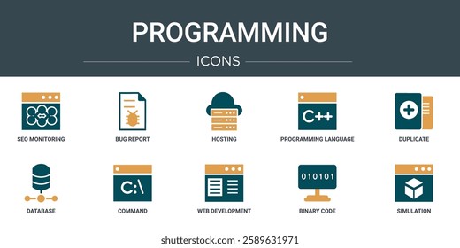 set of 10 outline web programming icons such as seo monitoring, bug report, hosting, programming language, duplicate, database, command vector icons for report, presentation, diagram, web design,