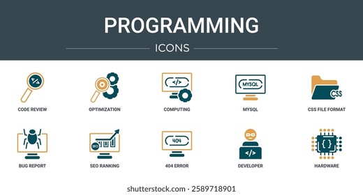 set of 10 outline web programming icons such as code review, optimization, computing, mysql, css file format, bug report, seo ranking vector icons for report, presentation, diagram, web design,