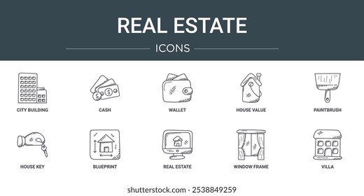 conjunto de 10 ícones de propriedade da web de estrutura de tópicos como construção da cidade, dinheiro, carteira, valor da casa, pincel, chave da casa, ícones vetoriais de planta para relatório, apresentação, diagrama, web design, aplicativo móvel