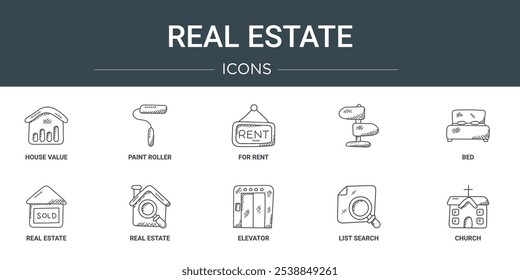 conjunto de 10 delinear ícones de imóveis da web, tais como valor da casa, rolo de tinta, para alugar, cama, imóveis, imóveis ícones de vetor para relatório, apresentação, diagrama, web design, aplicativo móvel