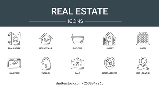 Conjunto de 10 iconos de Web de esquemas de bienes raíces tales como bienes raíces, valor de la casa, bañera, Biblioteca, hotel, página de inicio, candado de iconos vectoriales para el informe, presentación, diagrama, Diseño web, App móvil