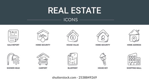 set of 10 outline web real estate icons such as sale report, home security, house value, home security, home address, shower head, carport vector icons for report, presentation, diagram, web design,