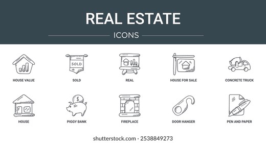 Conjunto de 10 iconos de Web de esquemas de bienes raíces como valor de la casa, vendido, real, casa en venta, camión de hormigón, casa, hucha iconos vectoriales para informe, presentación, diagrama, Diseño web, App móvil