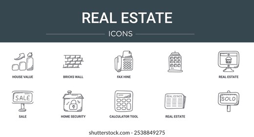 set of 10 outline web real estate icons such as house value, bricks wall, fax hine,  , real estate, sale, home security vector icons for report, presentation, diagram, web design, mobile app