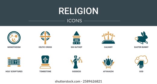 set of 10 outline web religion icons such as monotheism, celtic cross, doi suthep, calvary, easter bunny, holy scriptures, tombstone vector icons for report, presentation, diagram, web design,