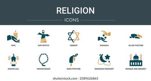 set of 10 outline web religion icons such as vigil, sufi mystic, hebrew, sadaqah, sujud posture, adhan call, prayer beads vector icons for report, presentation, diagram, web design, mobile app