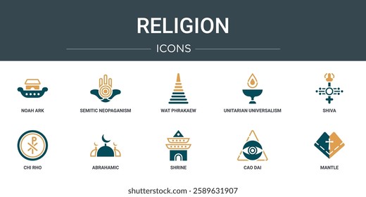 set of 10 outline web religion icons such as noah ark, semitic neopaganism, wat phrakaew, unitarian universalism, shiva, chi rho, abrahamic vector icons for report, presentation, diagram, web