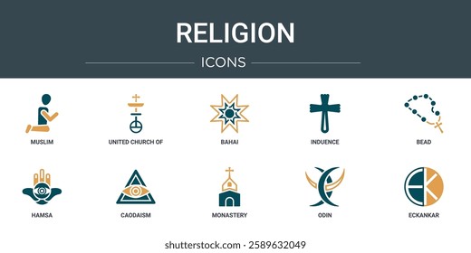 set of 10 outline web religion icons such as muslim, united church of christ, bahai, induence, bead, hamsa, caodaism vector icons for report, presentation, diagram, web design, mobile app