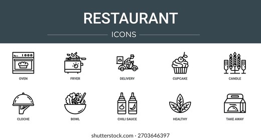 set of 10 outline web restaurant icons such as oven, fryer, delivery, cupcake, candle, cloche, bowl vector icons, sign and symbols