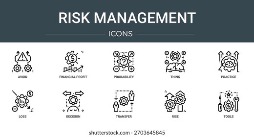Conjunto de 10 iconos de gestión de riesgo de Web de esquema tales como evitar, beneficio financiero, probabilidad, pensar, práctica, pérdida, iconos de vector de decisión, signo y símbolos