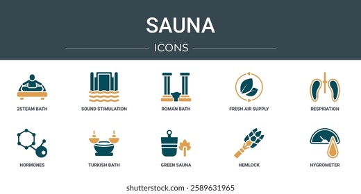 set of 10 outline web sauna icons such as 2steam bath, sound stimulation, roman bath, fresh air supply, respiration, hormones, turkish bath vector icons for report, presentation, diagram, web