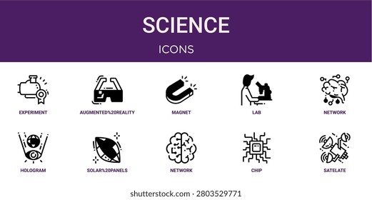 Set of 10 outline web Science icons such as satelate, chip, network, solar panels, hologram, network, lab vector icons for report, presentation, diagram, web design, mobile app