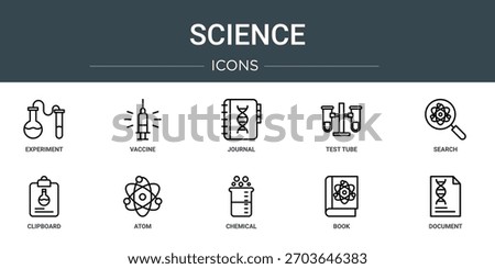set of 10 outline web science icons such as experiment, vaccine, journal, test tube, search, clipboard, atom vector icons, sign and symbols