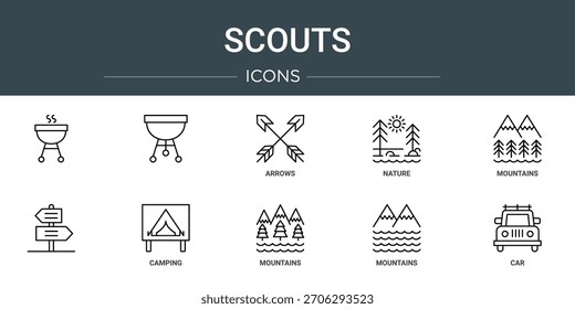 Satz von 10 Umriss Web-Scouts Symbole wie , Pfeile, Natur, Berge, Camping, Vektorsymbole, Zeichen und