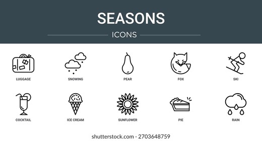 Conjunto de 10 iconos de estaciones de Web de contorno como equipaje, nieve, pera, zorro, esquí, cóctel, iconos de vector de helado, signo y símbolos