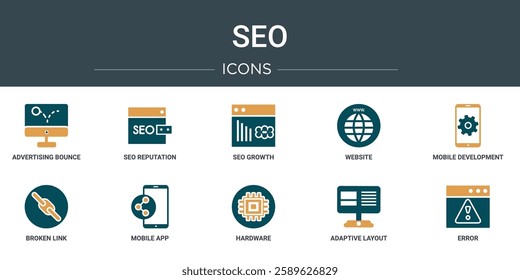 set of 10 outline web seo icons such as advertising bounce, seo reputation, seo growth, website, mobile development, broken link, mobile app vector icons for report, presentation, diagram, web