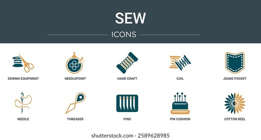 set of 10 outline web sew icons such as sewing equipment, needlepoint, hand craft, coil, jeans pocket, needle, threader vector icons for report, presentation, diagram, web design, mobile app