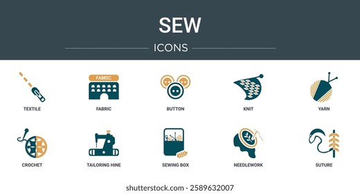 set of 10 outline web sew icons such as textile, fabric, button, knit, yarn, crochet, tailoring hine vector icons for report, presentation, diagram, web design, mobile app