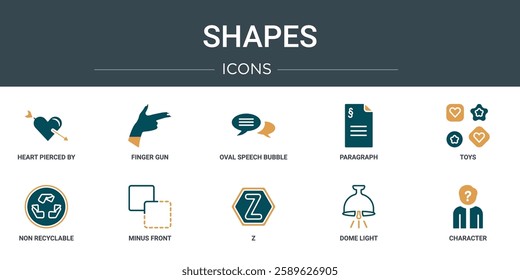 set of 10 outline web shapes icons such as heart pierced by an arrow, finger gun, oval speech bubble, paragraph, toys, non recyclable, minus front vector icons for report, presentation, diagram, web