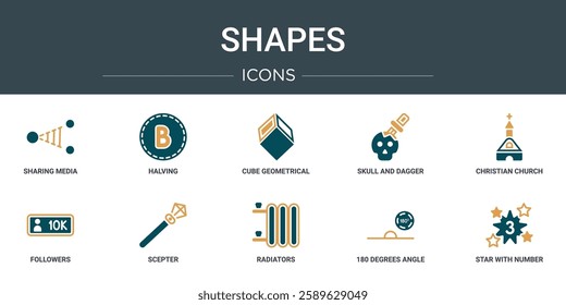 set of 10 outline web shapes icons such as sharing media, halving, cube geometrical, skull and dagger, christian church, followers, scepter vector icons for report, presentation, diagram, web