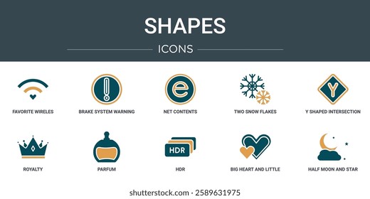 set of 10 outline web shapes icons such as favorite wireles conecction, brake system warning, net contents, two snow flakes, y shaped intersection, royalty, parfum vector icons for report,