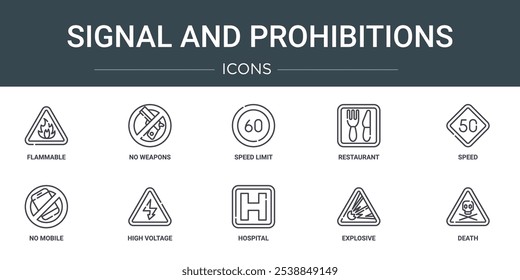 set of 10 outline web signal and prohibitions icons such as flammable, no weapons, speed limit, restaurant, speed, no mobile, high voltage vector icons for report, presentation, diagram, web design,