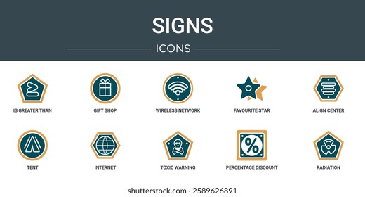 set of 10 outline web signs icons such as is greater than, gift shop, wireless network, favourite star, align center, tent, internet vector icons for report, presentation, diagram, web design,