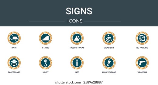 set of 10 outline web signs icons such as rats, stairs, falling rocks, disability, no packing, skateboard, hoist vector icons for report, presentation, diagram, web design, mobile app